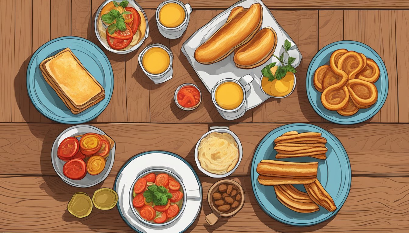 A colorful array of Spanish breakfast tapas, including churros, tortilla española, and pan con tomate, arranged on a rustic wooden table