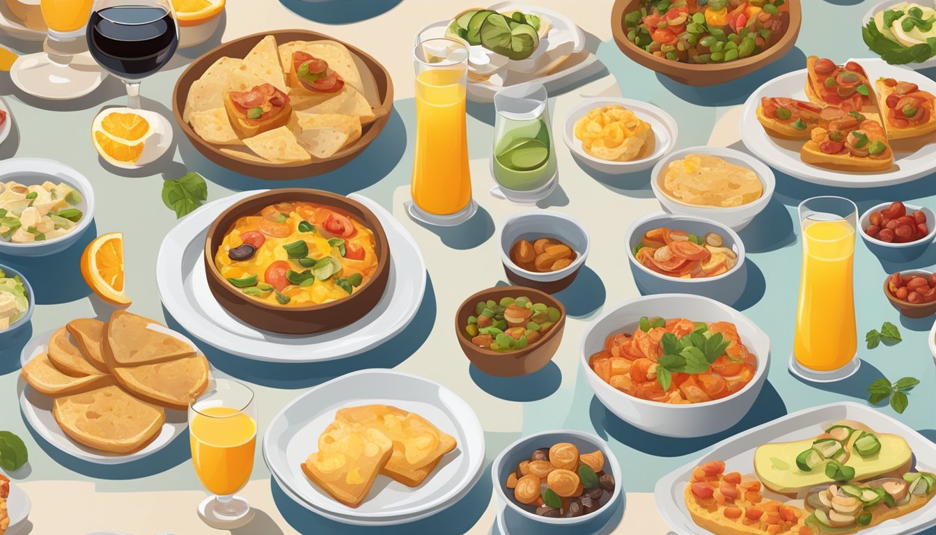 A table set with assorted tapas dishes and a variety of Spanish-inspired breakfast beverages