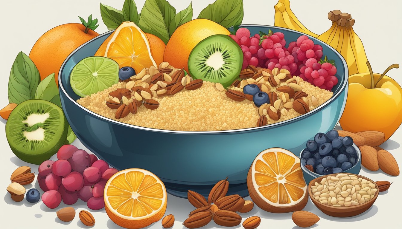 A colorful array of fresh fruits, nuts, and spices surround a bowl of steaming breakfast couscous, ready to be mixed and enjoyed