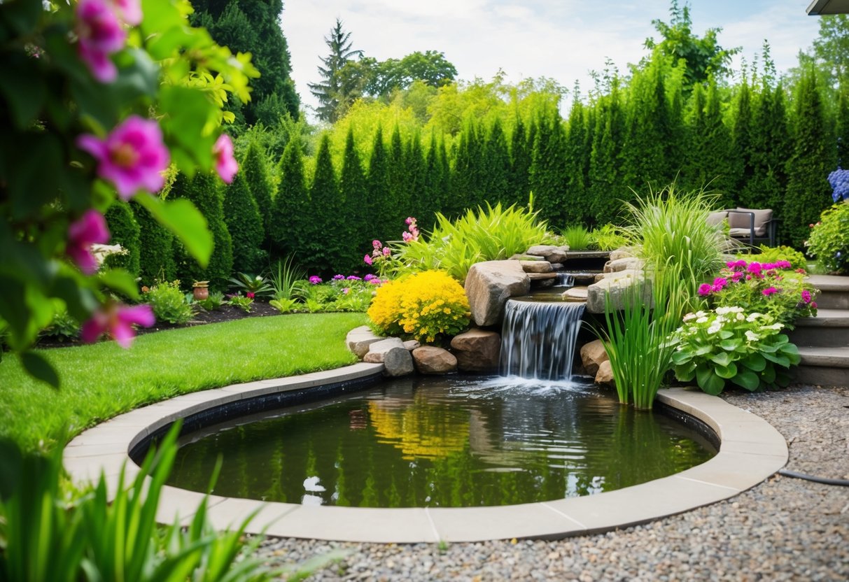 A serene backyard with a small pond surrounded by lush greenery and colorful flowers, with a gentle waterfall cascading into the water