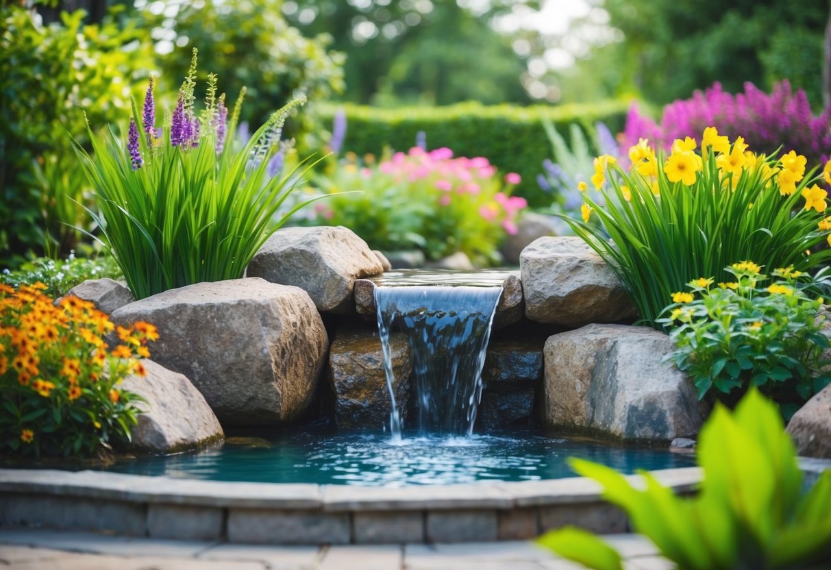 A serene backyard with a flowing water feature surrounded by lush greenery and colorful flowers, creating a peaceful and tranquil atmosphere