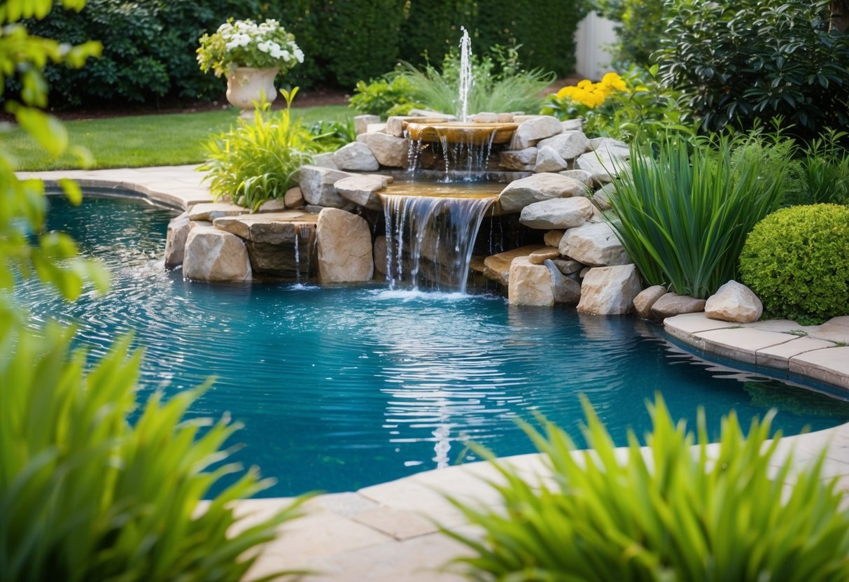 A serene backyard with a variety of water features, including a tranquil pond, a cascading waterfall, and a bubbling fountain, surrounded by lush greenery