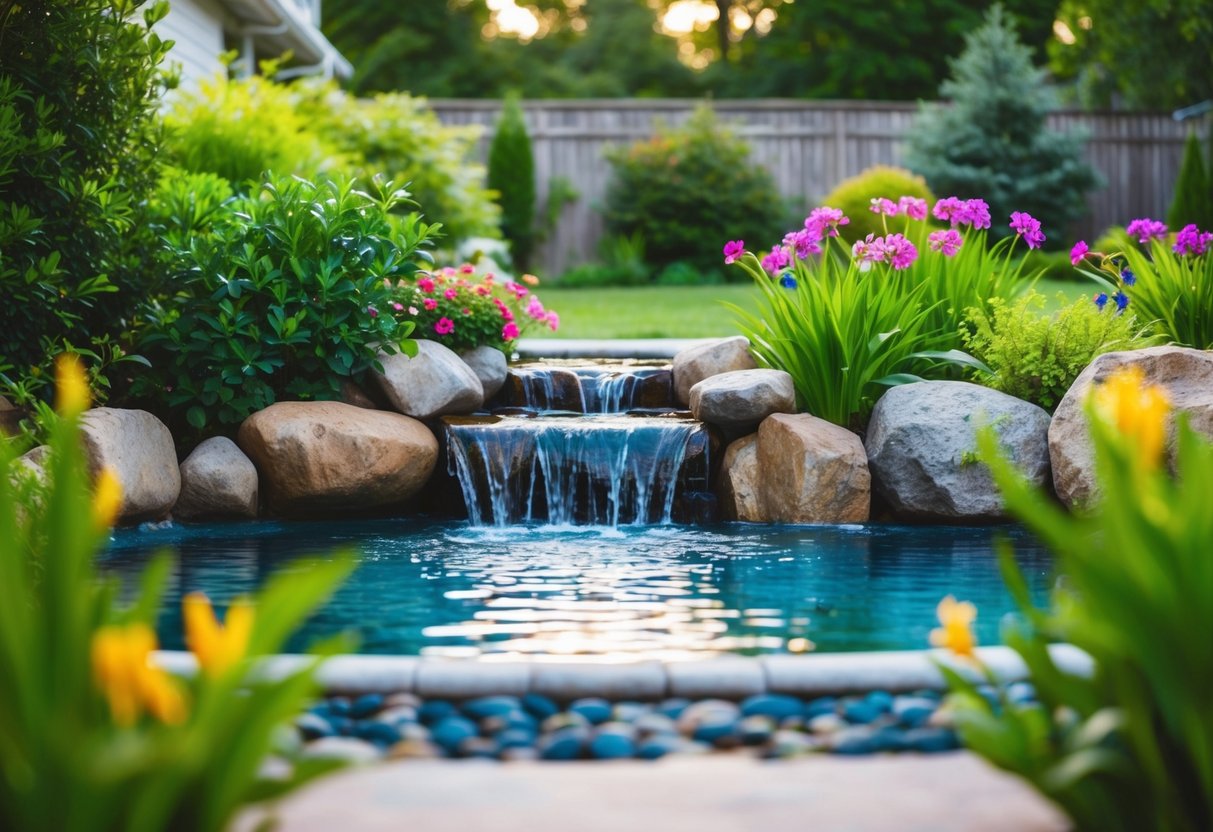 A serene backyard with a flowing water feature surrounded by lush greenery and colorful flowers, creating a tranquil and peaceful atmosphere
