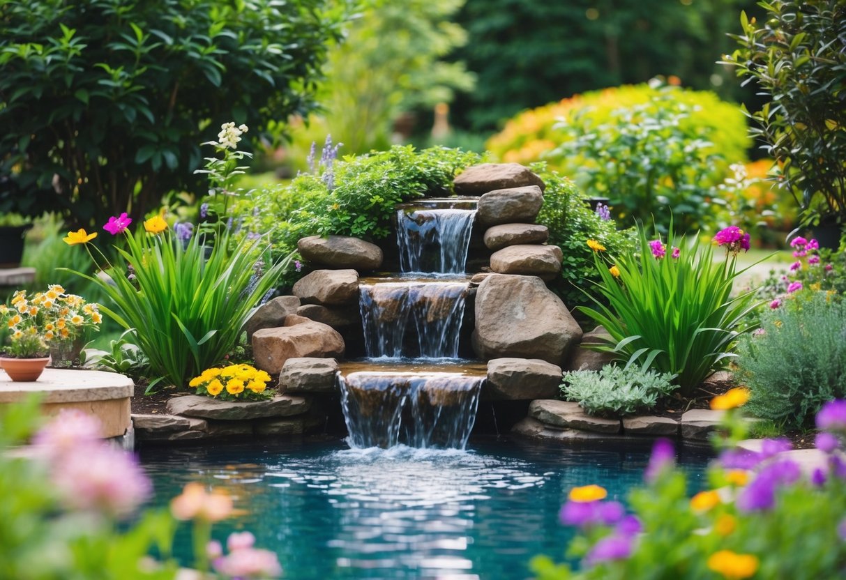 A serene backyard with a flowing water feature surrounded by lush greenery and colorful flowers, creating a peaceful and tranquil atmosphere
