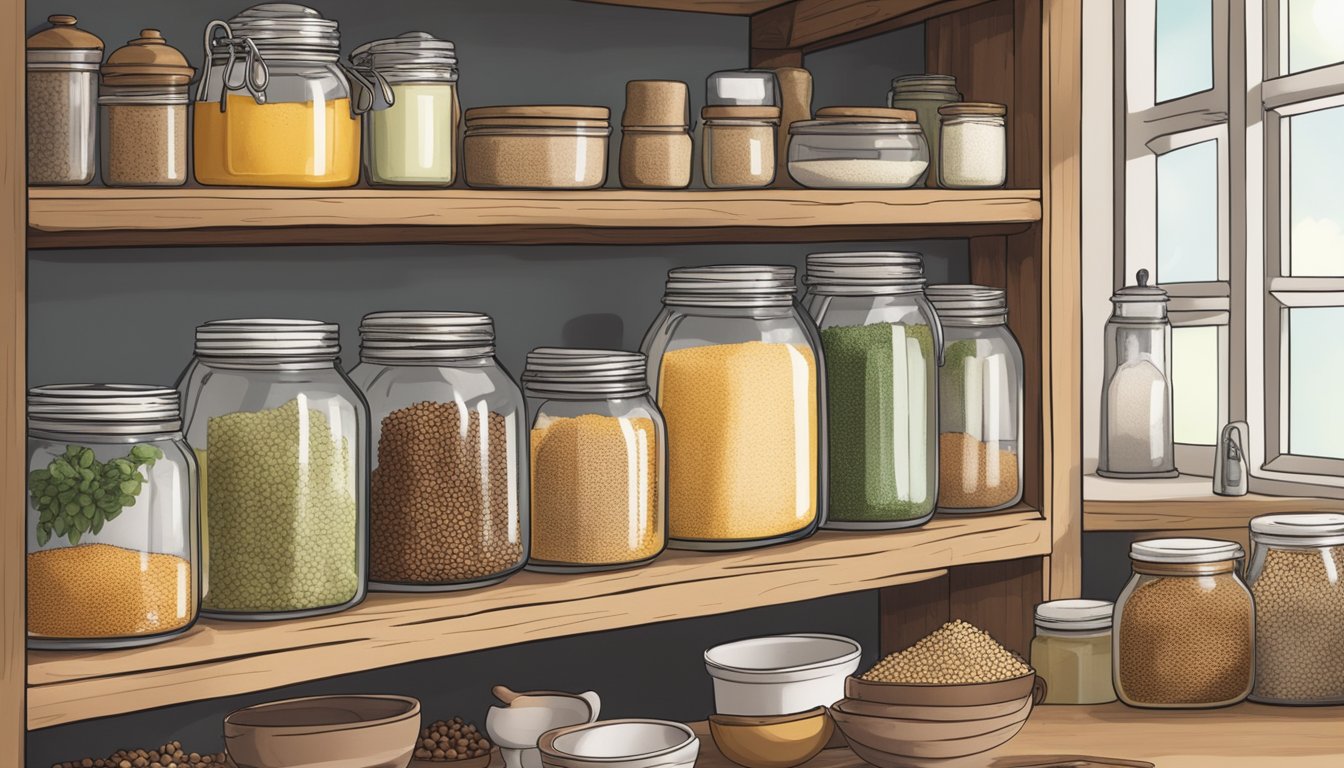 A rustic kitchen with open shelves filled with jars of grains and spices, a bowl of couscous, and a recipe book titled "Storage and Shelf Life: The Ultimate Guide to Making Breakfast Couscous."