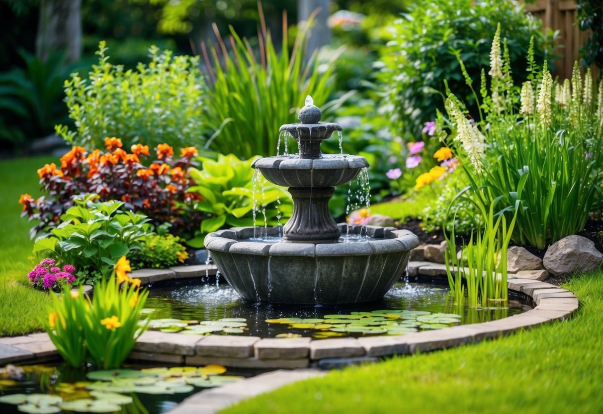 A serene backyard with a bubbling stone fountain surrounded by lush greenery and colorful flowers, with a small pond hosting a variety of aquatic plants and wildlife