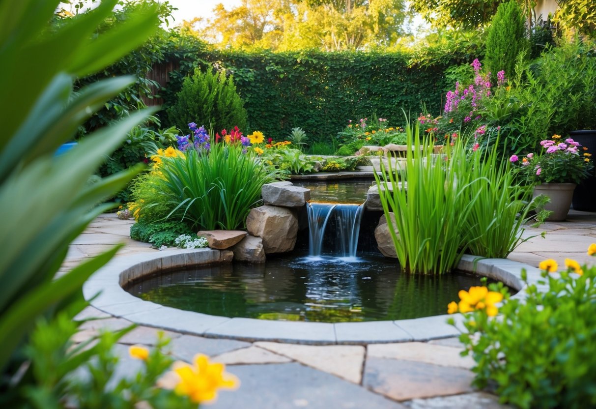 A serene backyard with a small pond surrounded by lush greenery and colorful flowers. A gentle waterfall cascades into the pond, creating a peaceful and tranquil atmosphere