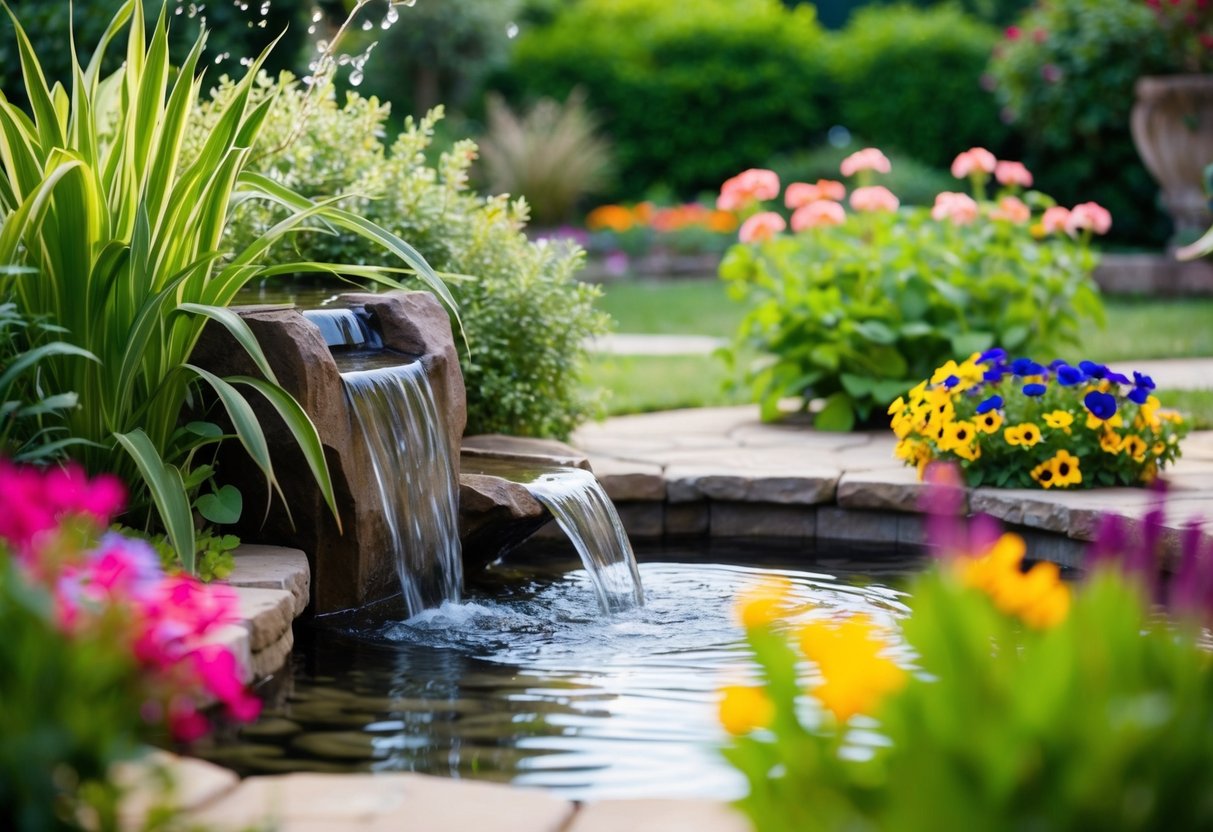 A serene backyard with a gently flowing water feature surrounded by lush greenery and colorful flowers. The sound of trickling water adds a sense of tranquility to the scene