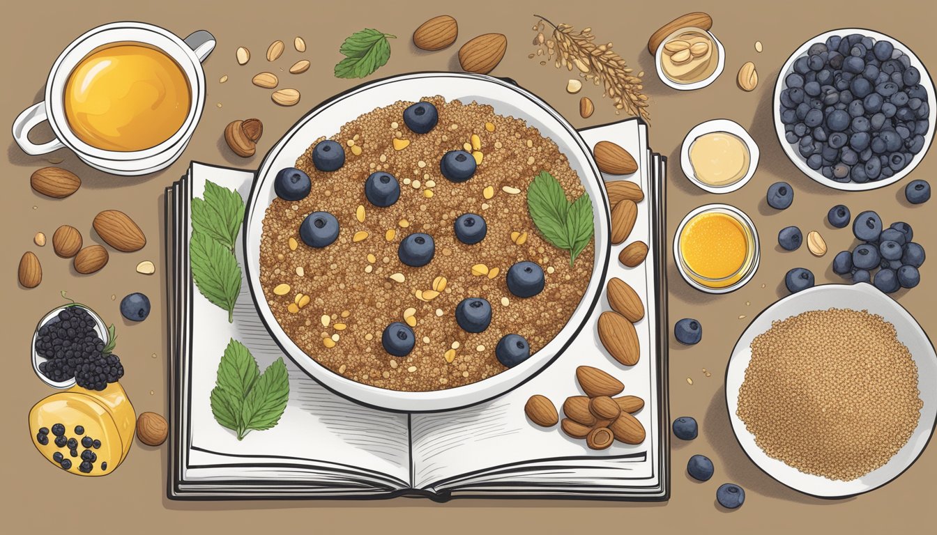 A bowl of cooked quinoa surrounded by various breakfast toppings like berries, nuts, and honey, with a recipe book open to a page titled "Understanding Quinoa."