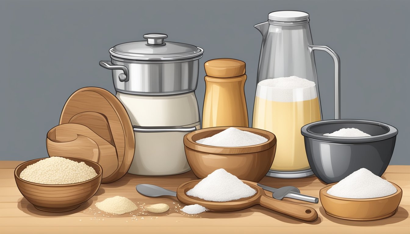 A kitchen counter with ingredients and tools for making English muffins, including flour, yeast, a mixing bowl, a rolling pin, and a griddle