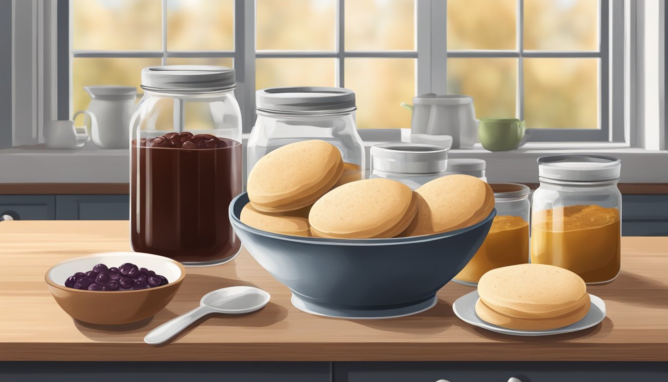 A kitchen counter with a tray of freshly baked homemade English muffins, a bowl of flour, and a jar of preserves