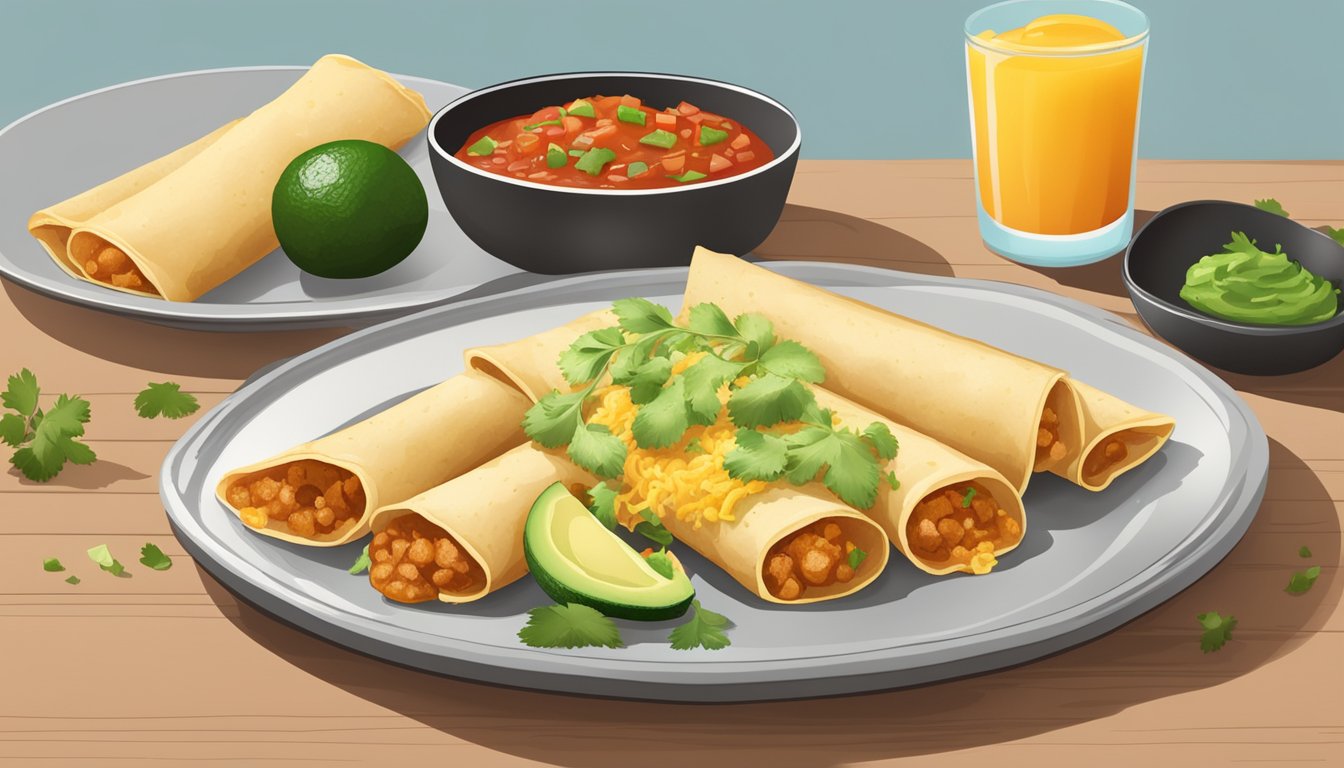 A plate of breakfast taquitos surrounded by salsa, avocado slices, and a sprinkle of cilantro