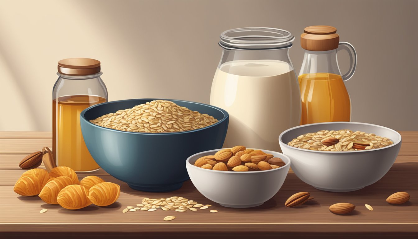 A wooden table with bowls of oats, nuts, and dried fruits. A jug of milk and a jar of honey sit nearby