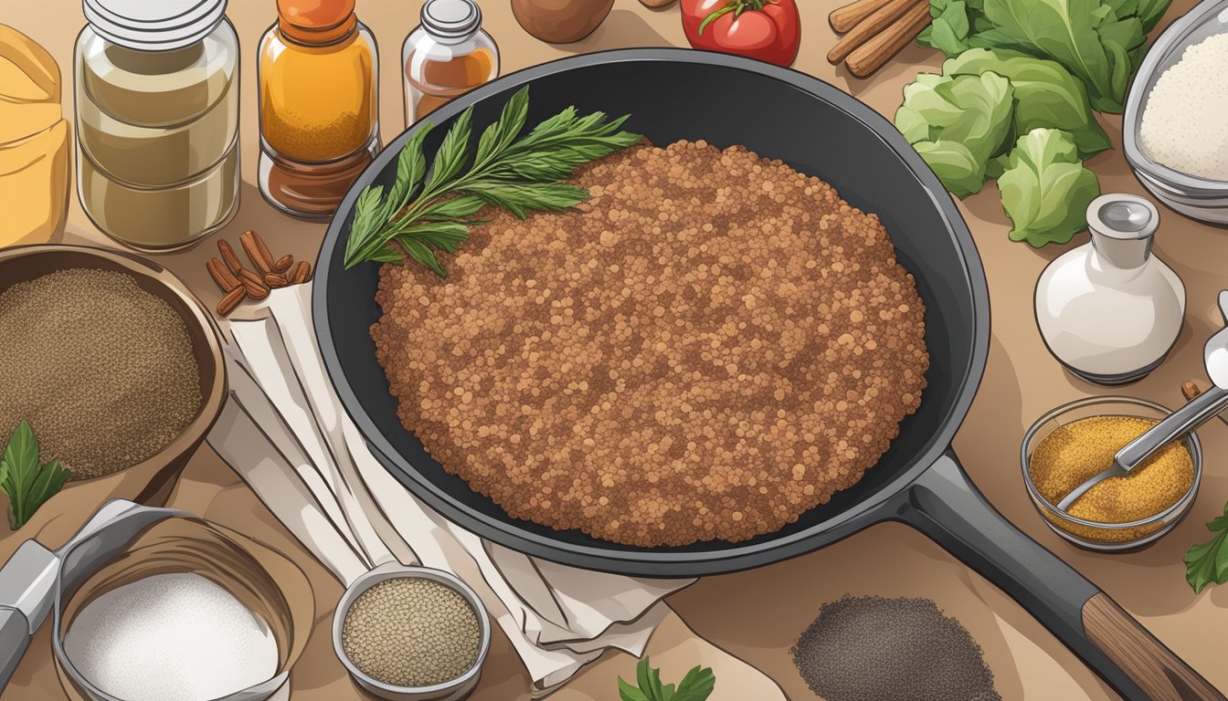 A kitchen counter with various spices, ground meat, and a mixing bowl. A skillet and spatula nearby