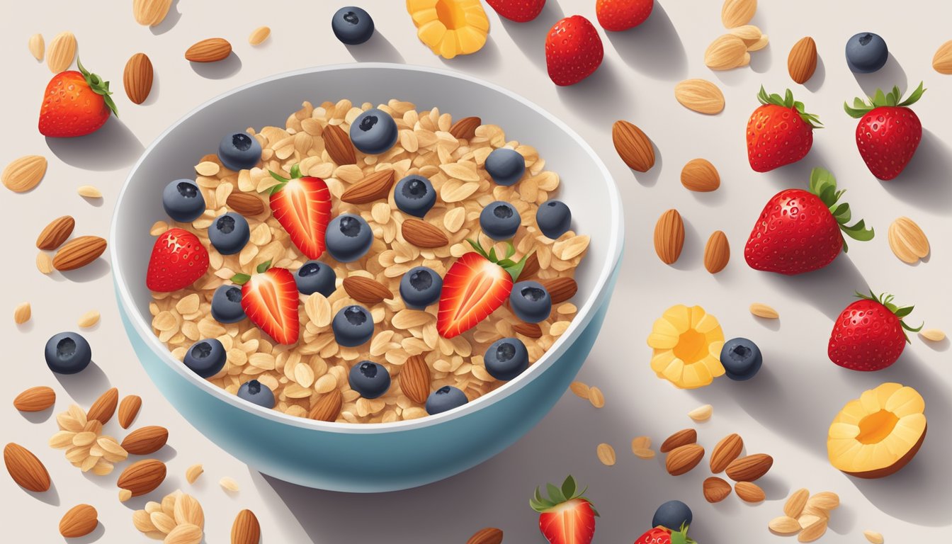 A bowl of homemade breakfast cereal with oats, almonds, raisins, and fresh strawberries, surrounded by scattered nuts and fruits