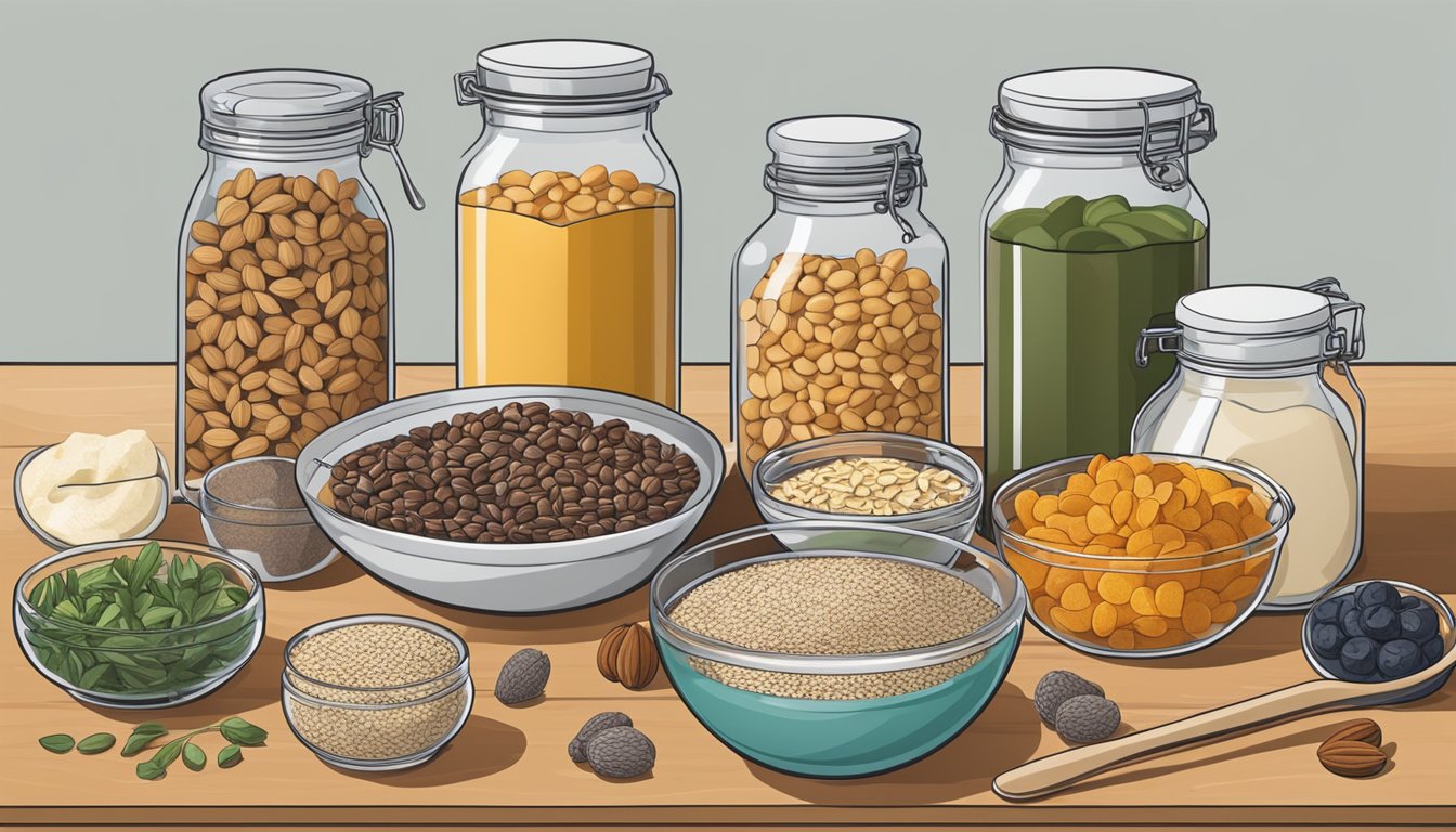 A kitchen counter with various ingredients and containers, including oats, nuts, dried fruit, and spices. A mixing bowl and spoon are ready for use