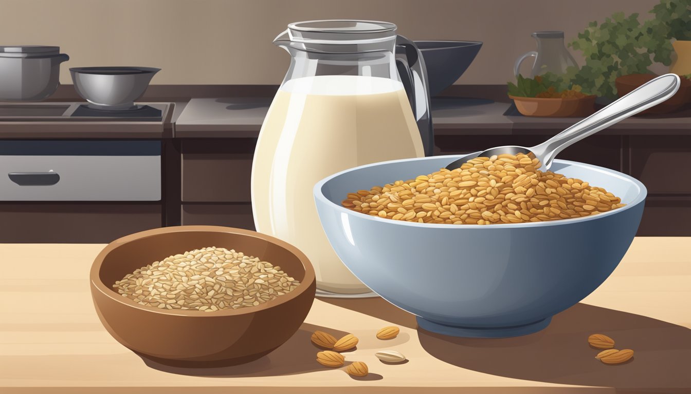 A bowl filled with assorted grains and dried fruits sits on a kitchen counter next to a jug of milk and a spoon