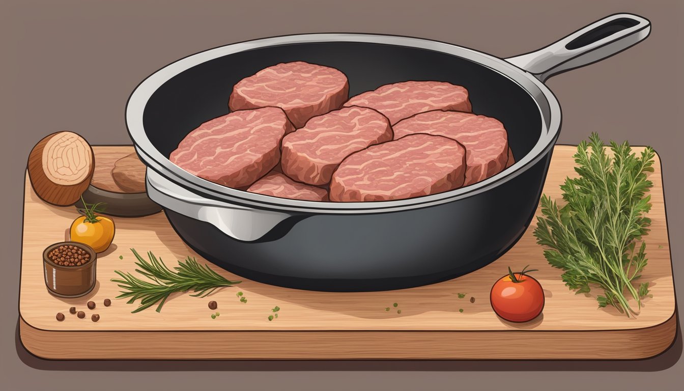 A wooden cutting board with raw ground pork, seasonings, and herbs, a mixing bowl, and a skillet on a stovetop