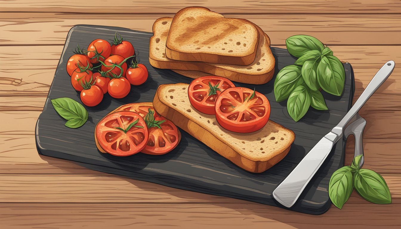 A rustic wooden cutting board topped with sliced tomatoes, basil leaves, and a drizzle of balsamic glaze, alongside a stack of crusty bread slices