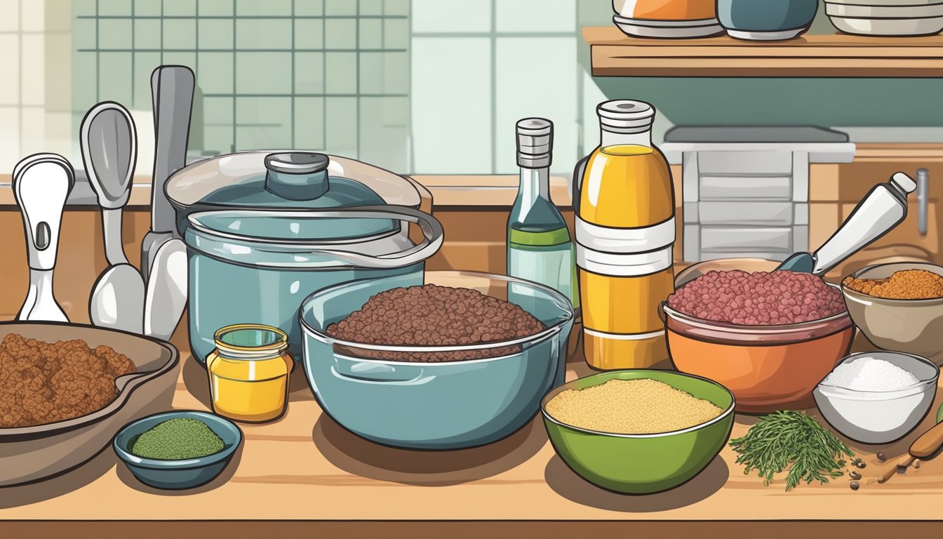 A kitchen counter with ingredients (ground meat, spices, herbs) and utensils (mixing bowl, measuring spoons) for making homemade breakfast sausage patties