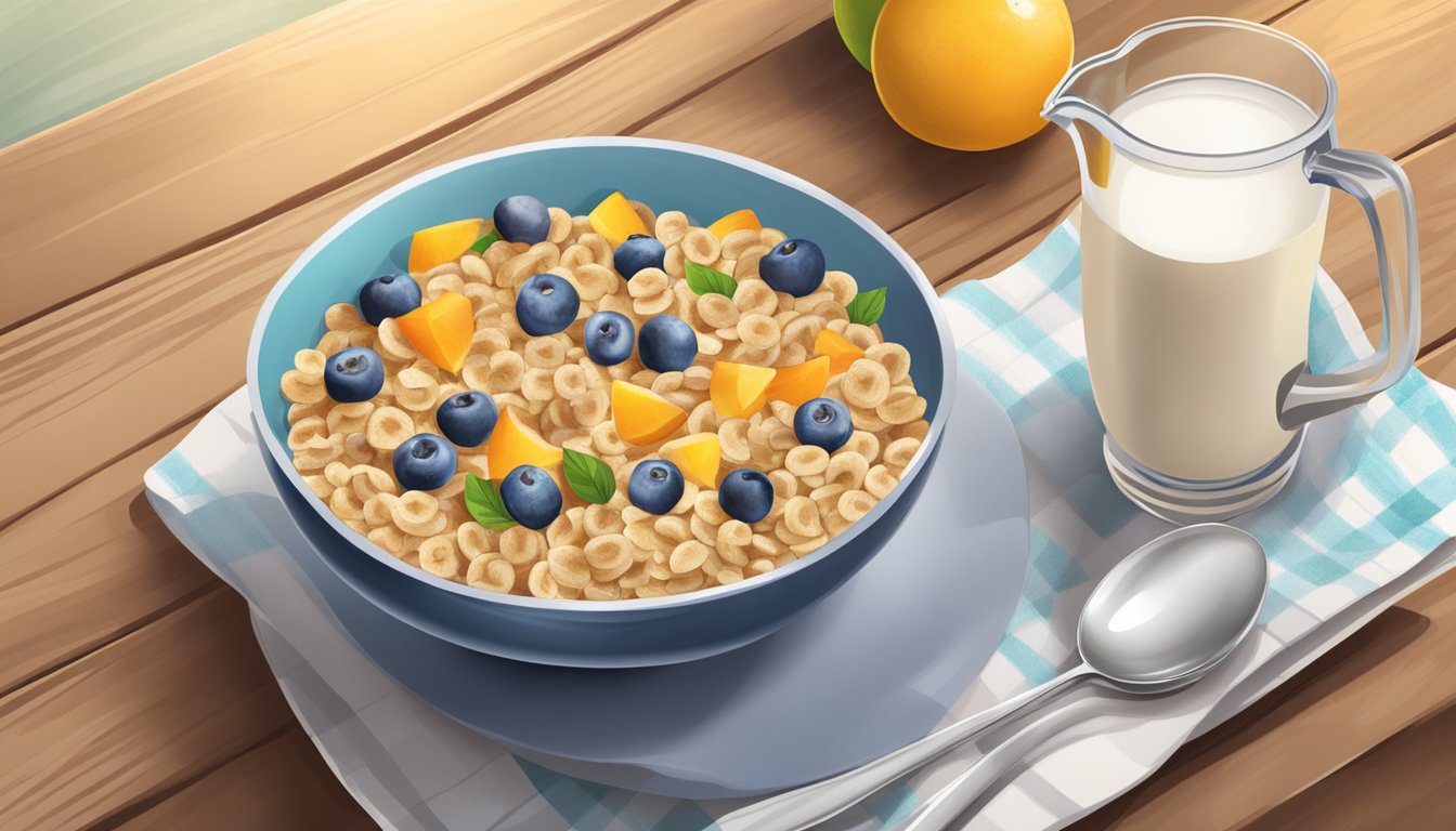 A wooden table with a bowl of homemade cereal, a pitcher of milk, a spoon, and fresh fruit on a plate