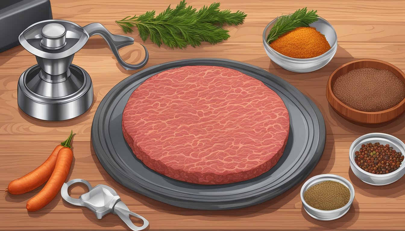 A kitchen counter with a cutting board, raw ground meat, spices, and a meat grinder. A bowl of mixed spices and a plate of freshly cooked sausage patties