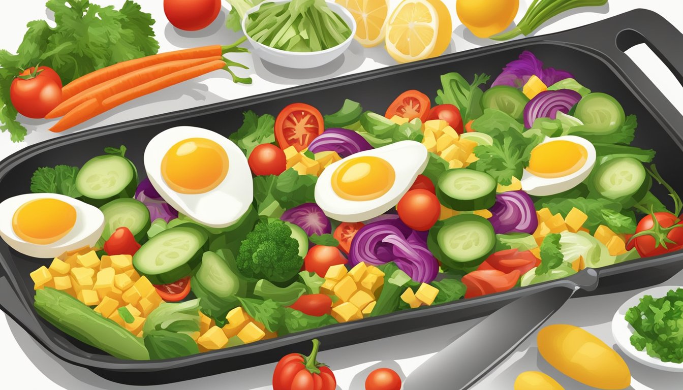 A colorful array of fresh vegetables being chopped and mixed into a sizzling pan of eggs, creating a vibrant and nutritious breakfast scramble