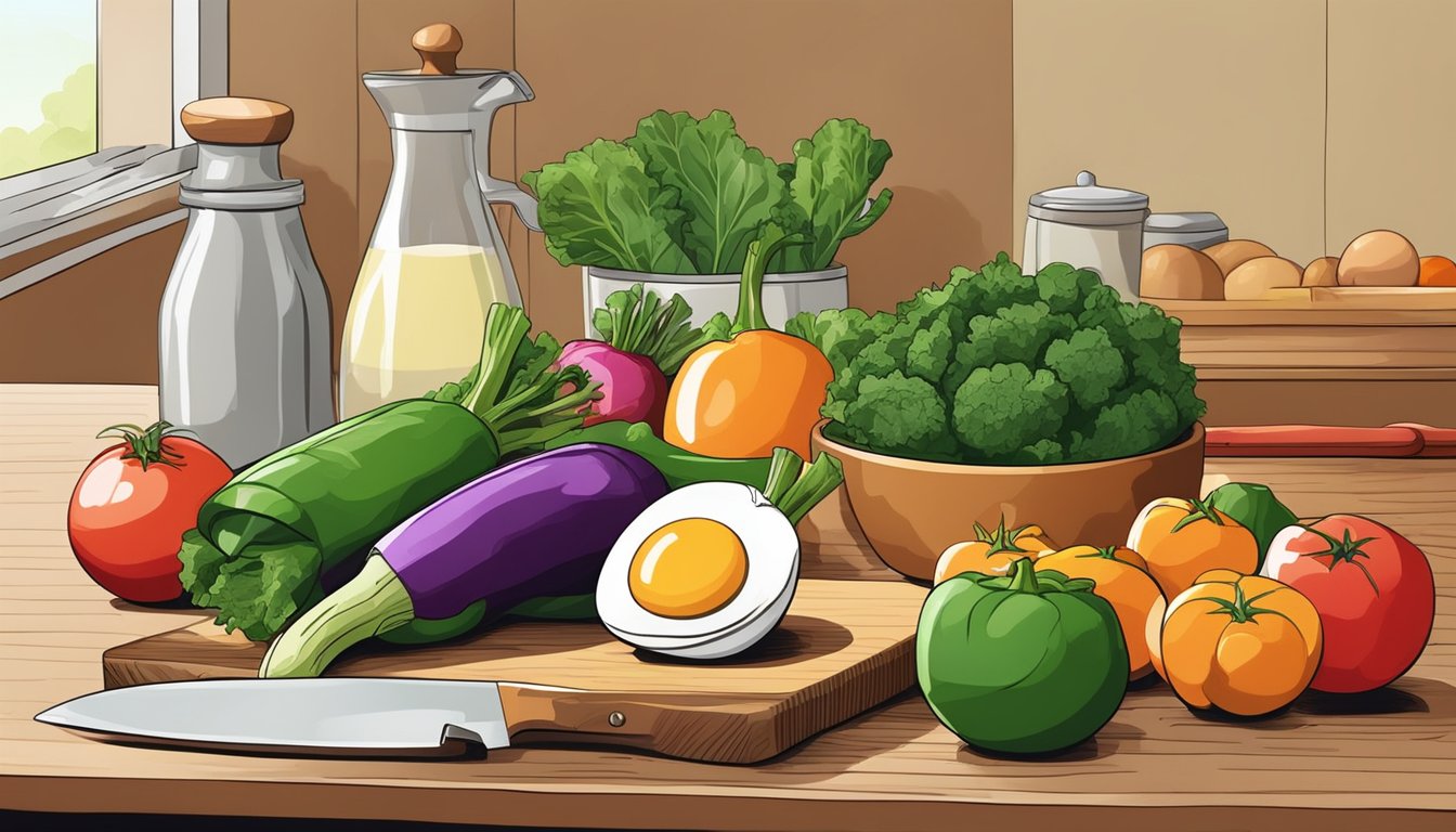 A colorful array of fresh vegetables and eggs on a kitchen counter, with a cutting board and knife ready for preparation