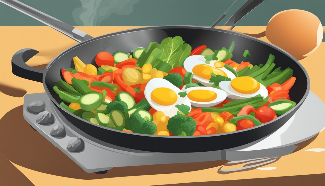 A colorful array of fresh vegetables being chopped and sautéed in a sizzling skillet, while eggs are being whisked in a bowl nearby