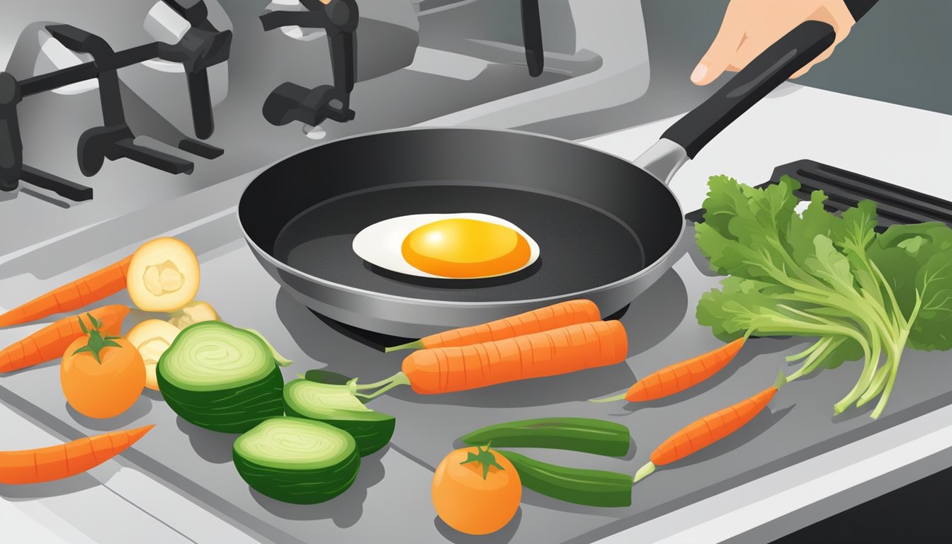 A colorful array of fresh vegetables being chopped and mixed into sizzling eggs in a hot skillet on a stove