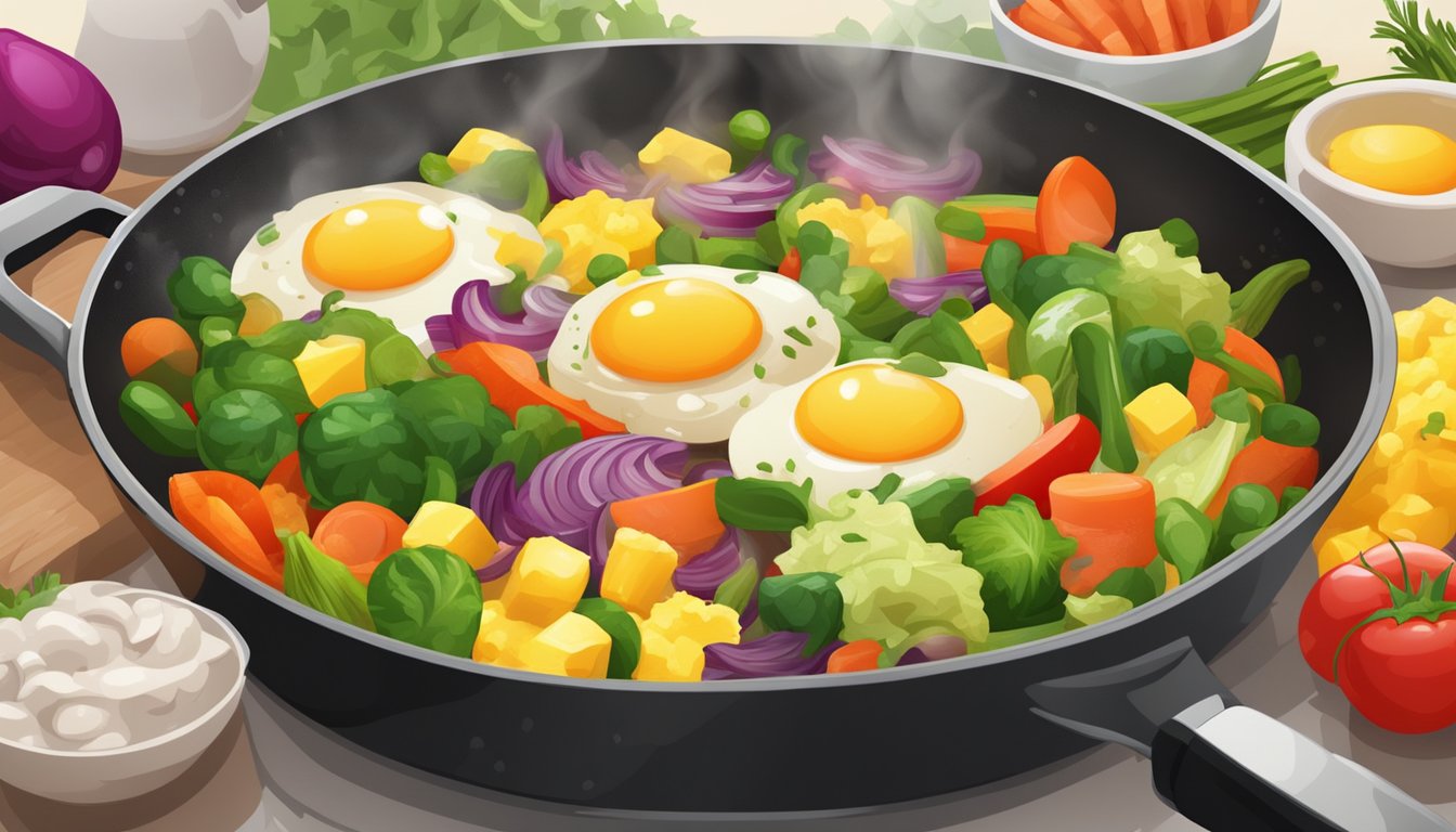 A colorful array of assorted chopped vegetables sizzling in a skillet, steam rising as they are being scrambled with eggs for a delicious breakfast