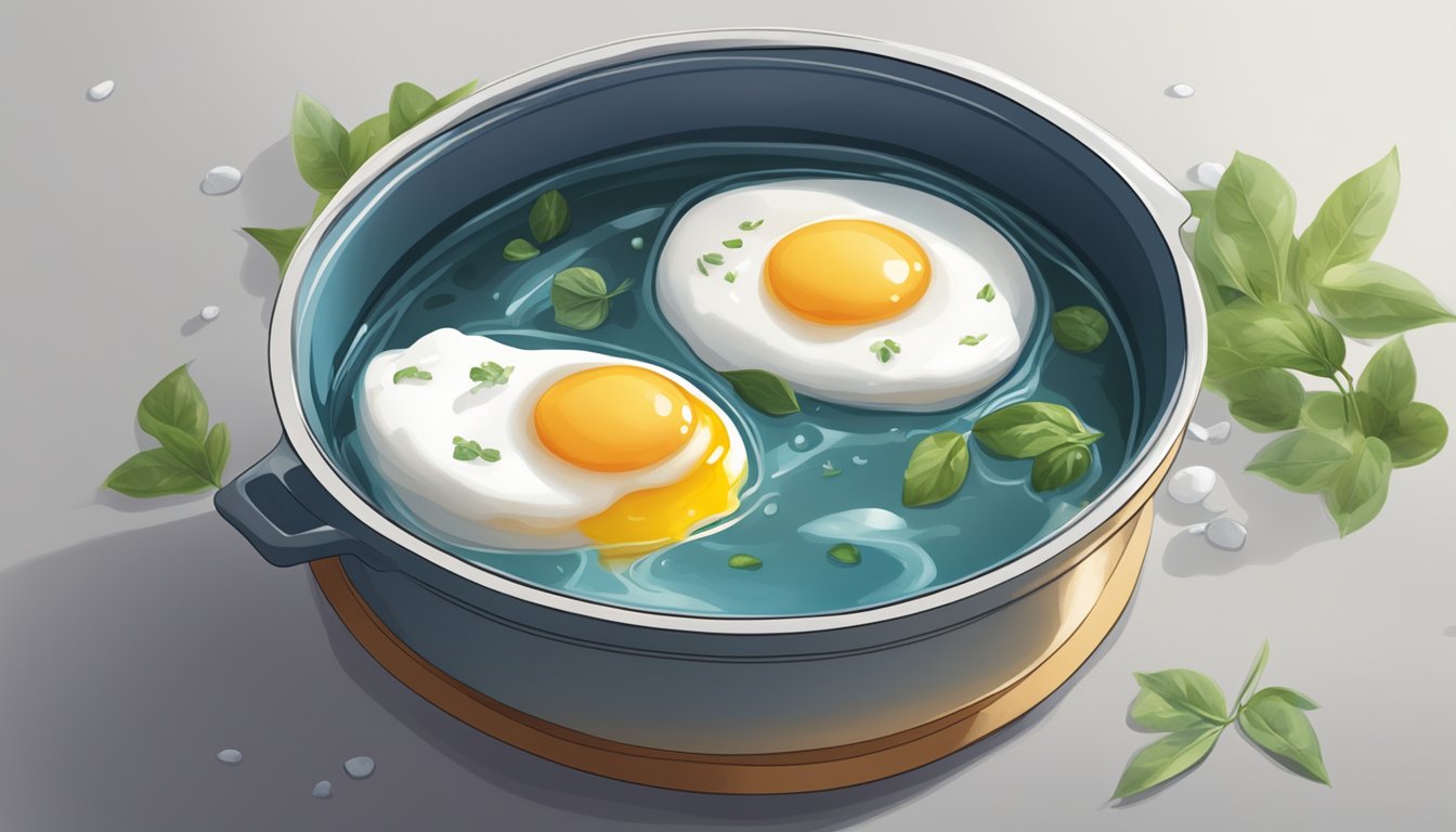 A pot of simmering water with two perfectly poached eggs floating in it