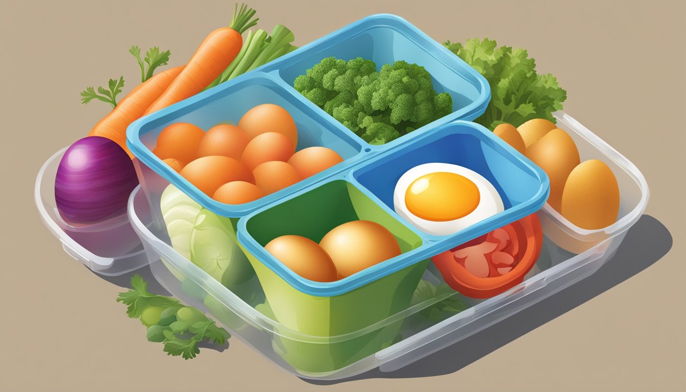 A colorful array of fresh vegetables and eggs being mixed together in a portable container