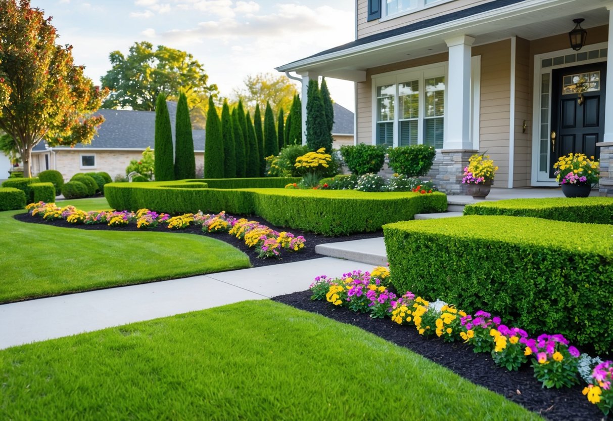 A well-maintained front yard with colorful flowers, trimmed hedges, and a neatly manicured lawn. A welcoming pathway leads to the front door of the house