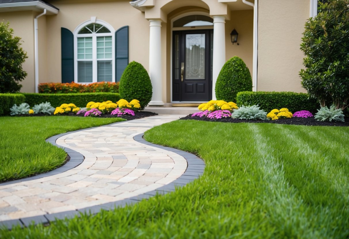 A well-maintained front yard with lush green grass, colorful flowers, trimmed bushes, and a neatly paved pathway leading to the front door