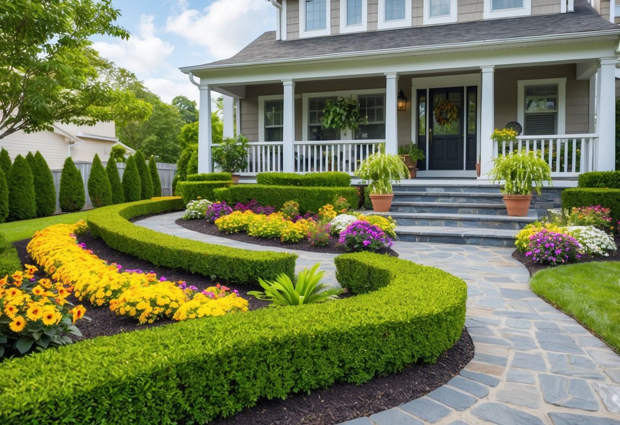 A well-manicured front yard with colorful flowers, neatly trimmed hedges, a winding stone pathway, and a welcoming porch with potted plants