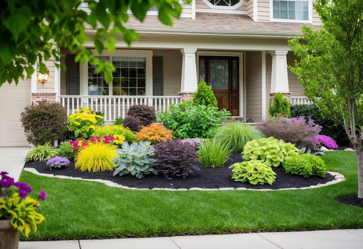 A front yard with a variety of colorful plants and trees arranged in a visually appealing and well-maintained manner