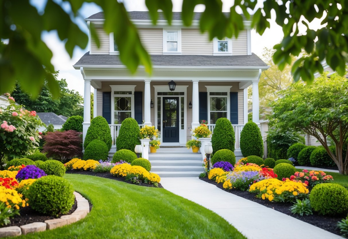 A well-manicured front yard with colorful flowers, neatly trimmed bushes, a welcoming pathway, and a tasteful front porch