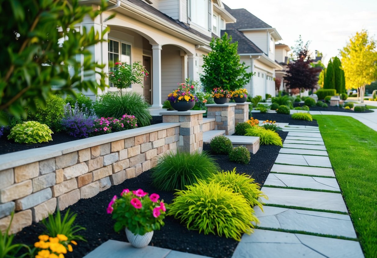 A neatly landscaped front yard with a variety of hardscaping elements such as stone walkways, decorative walls, and carefully placed planters. A mix of colorful flowers and greenery enhances the overall curb appeal