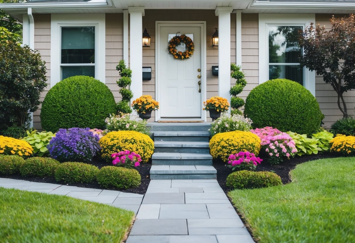 A charming front yard with colorful flowers, neatly trimmed bushes, and a welcoming pathway leading to a well-maintained front door