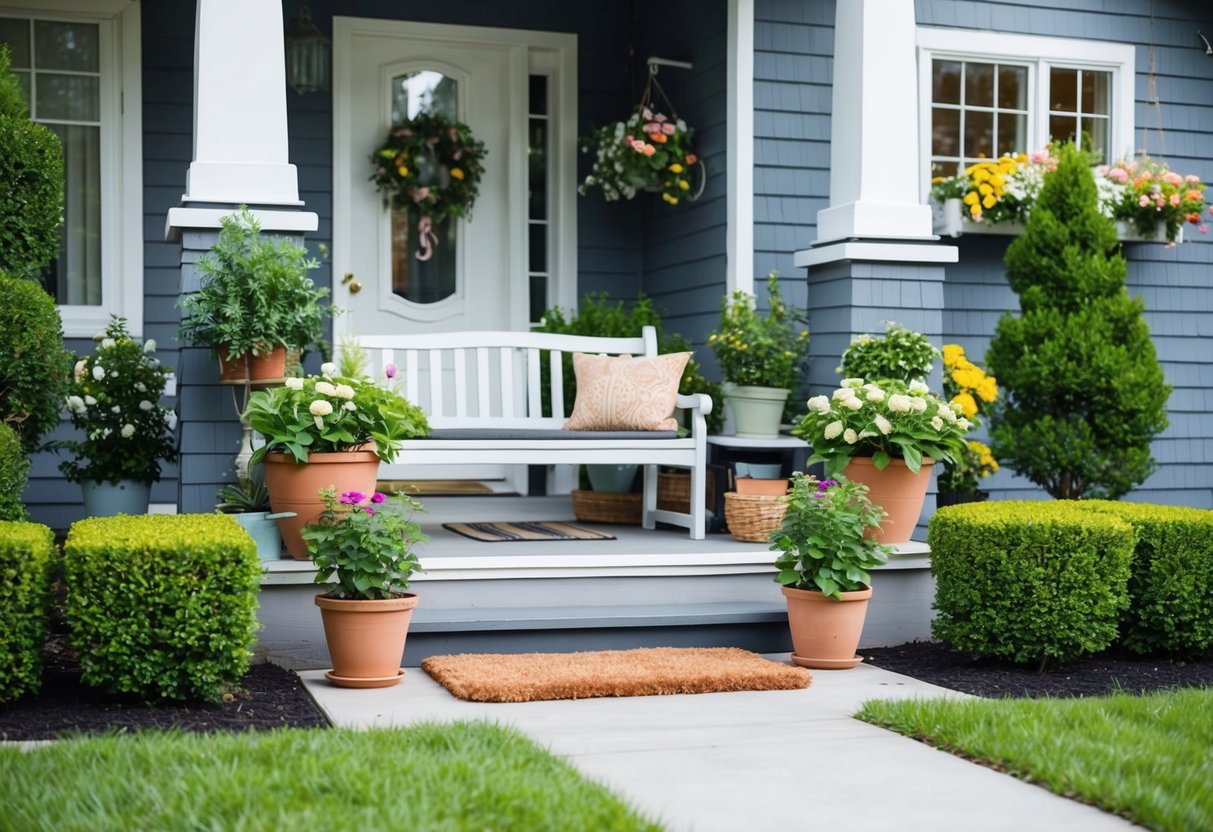 A charming front porch with potted plants, a cozy bench, and a welcoming doormat. A well-maintained yard with colorful flowers and neatly trimmed hedges