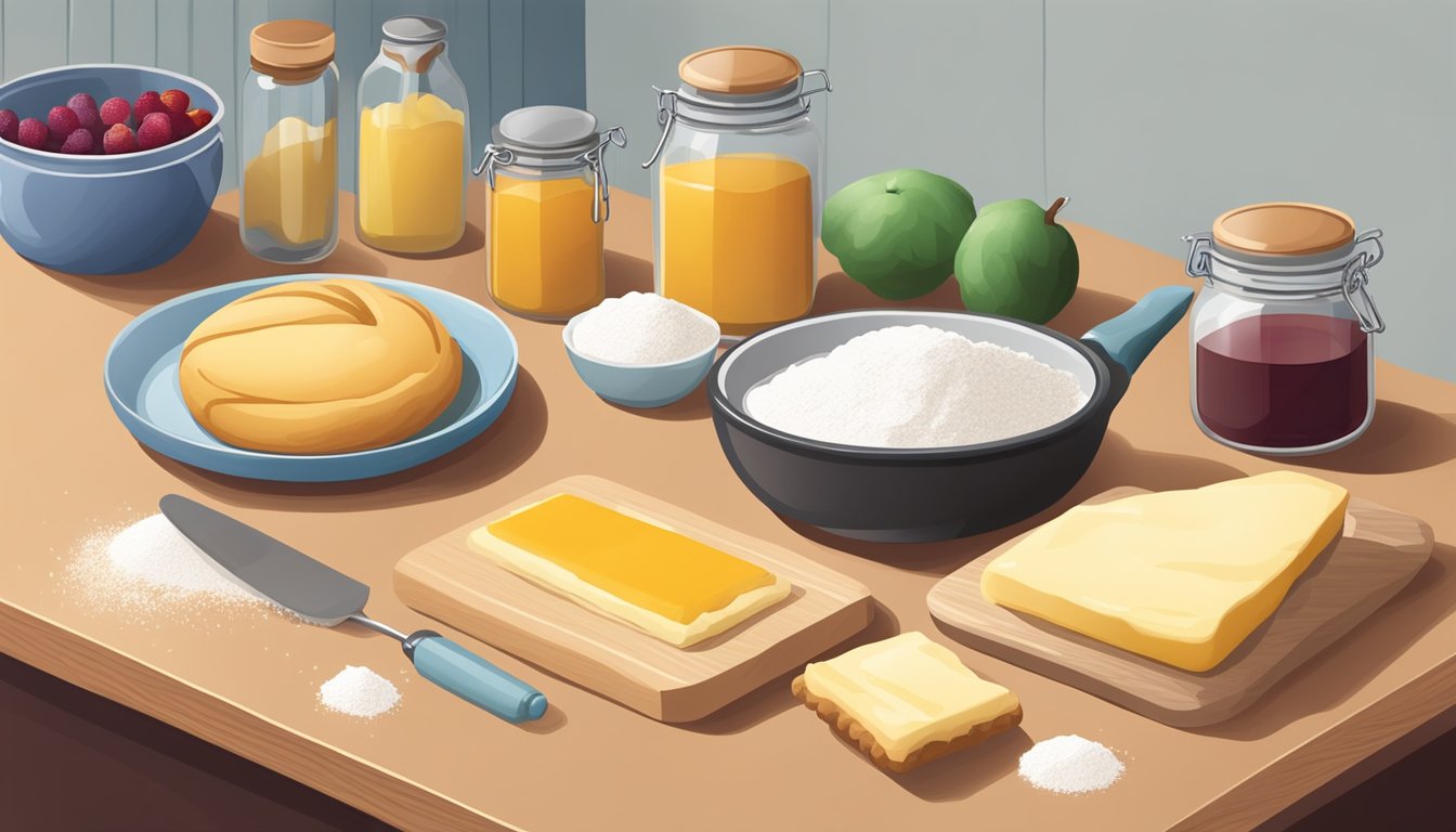 A kitchen counter with scattered flour, sugar, butter, and a rolling pin. A bowl of fruit jam and a pastry cutter sit nearby