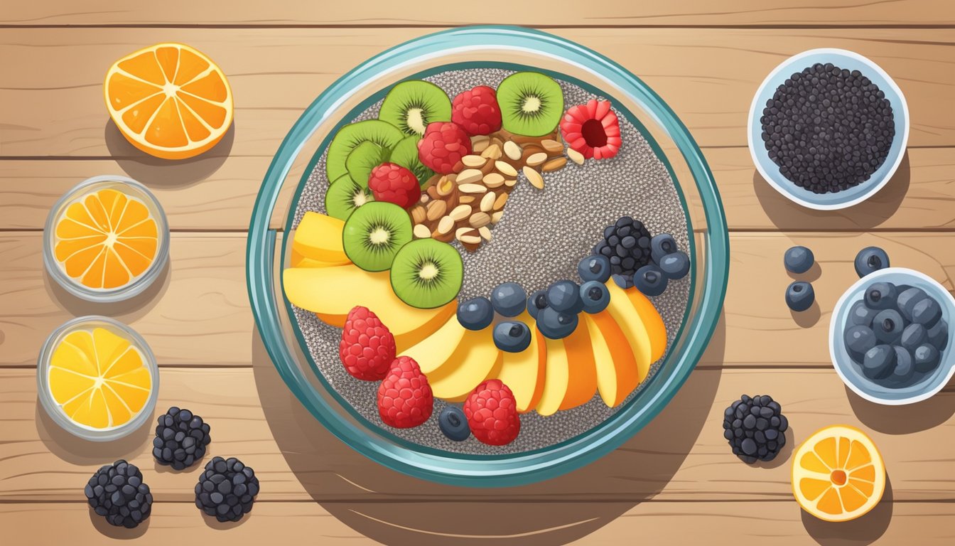 A clear glass bowl filled with chia seed pudding, surrounded by a variety of colorful fruits and nuts on a wooden table