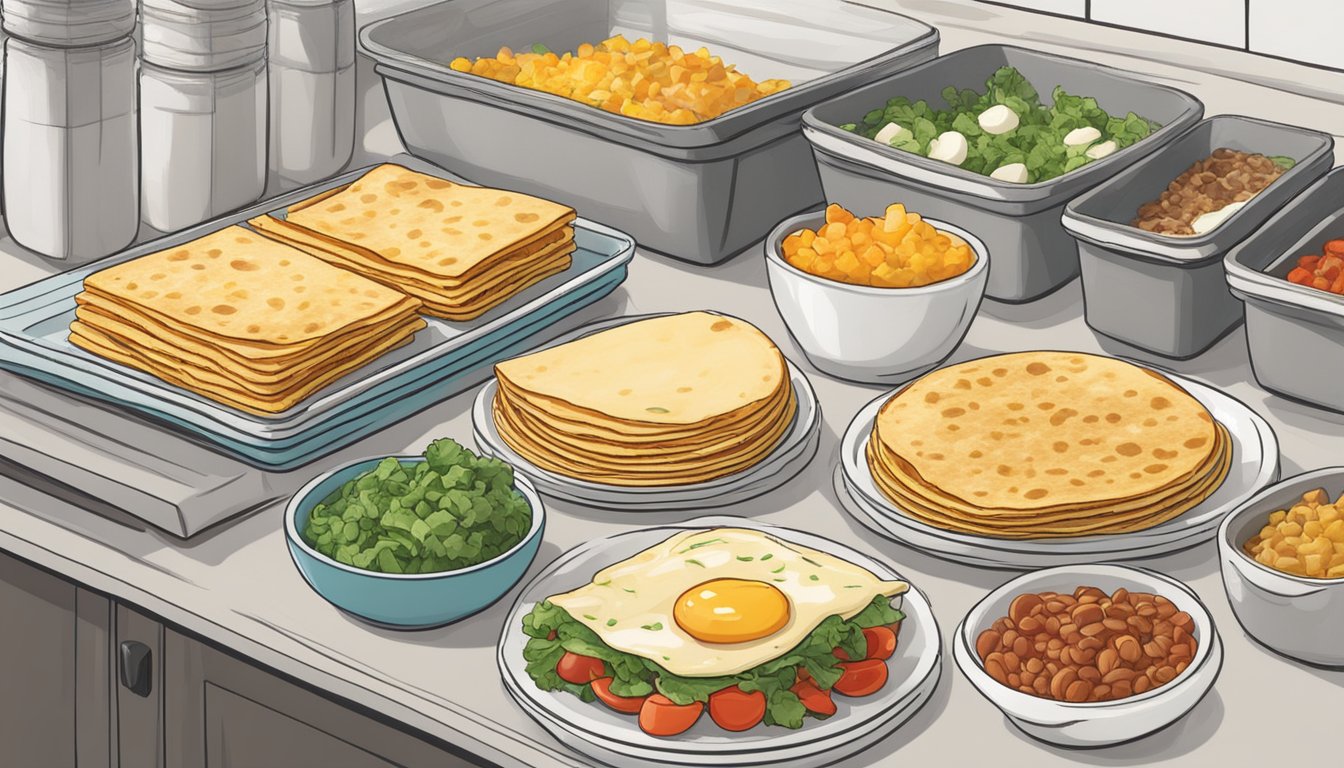 A stack of breakfast quesadillas neatly arranged on a platter, with airtight containers for storage nearby. Ingredients like eggs, cheese, and veggies are prepped and organized on the counter