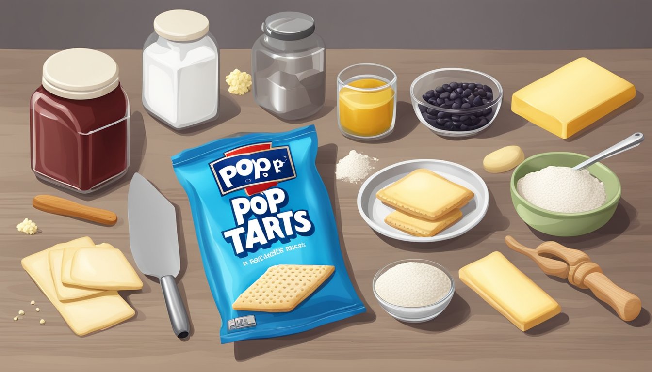 A kitchen counter with ingredients and tools for making pop tarts, including flour, butter, jam, a rolling pin, and a baking sheet