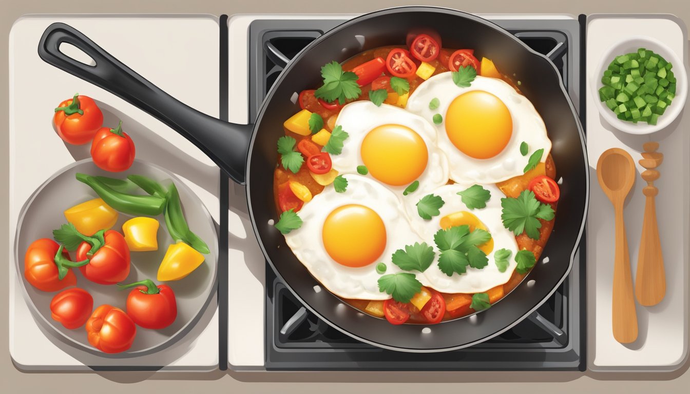 A skillet on a stovetop with diced tomatoes, bell peppers, and eggs simmering in a spicy sauce