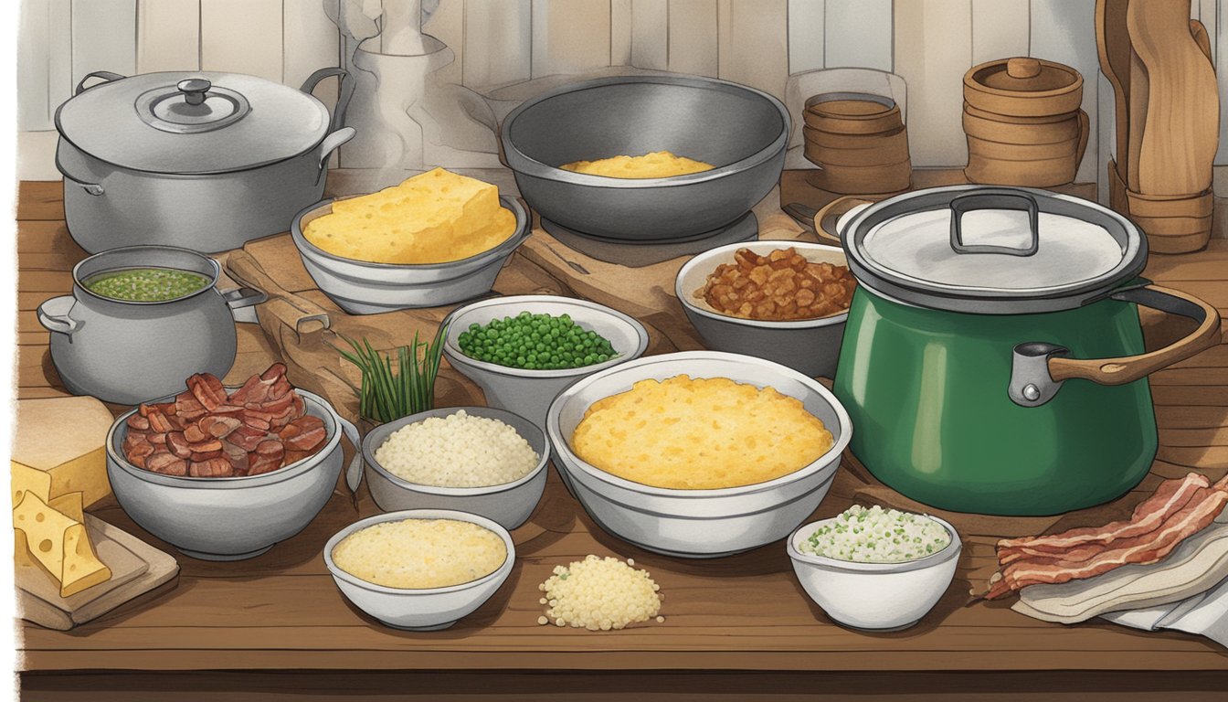 A rustic kitchen with a steaming pot of grits on a stove, surrounded by bowls of toppings like cheese, bacon, and green onions. A cookbook open to a page titled "History and Origin of Grits."