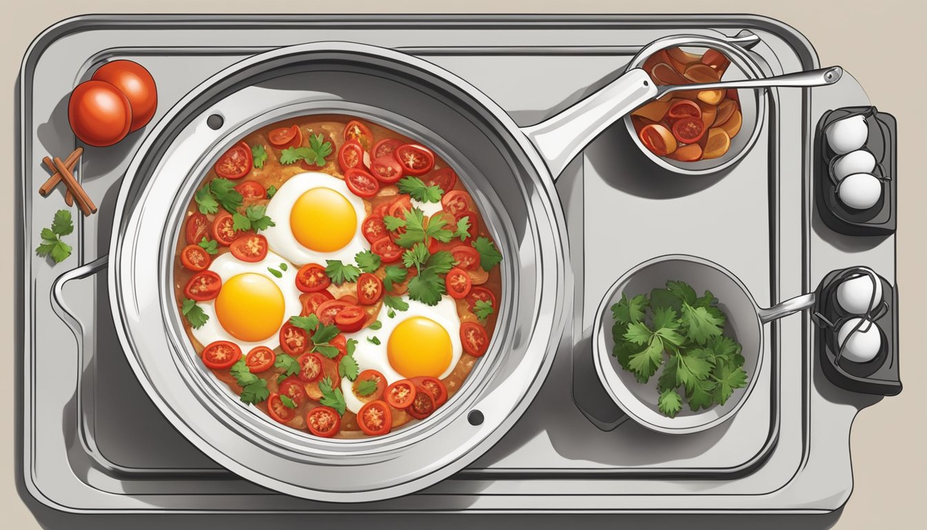 A small skillet on a stovetop with diced tomatoes, eggs, and spices ready to make shakshuka