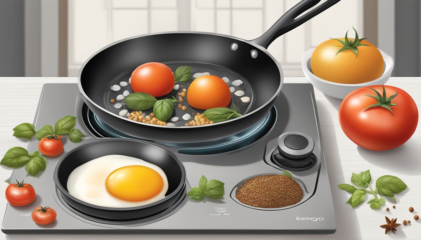 A small stovetop with a skillet, tomatoes, eggs, and spices