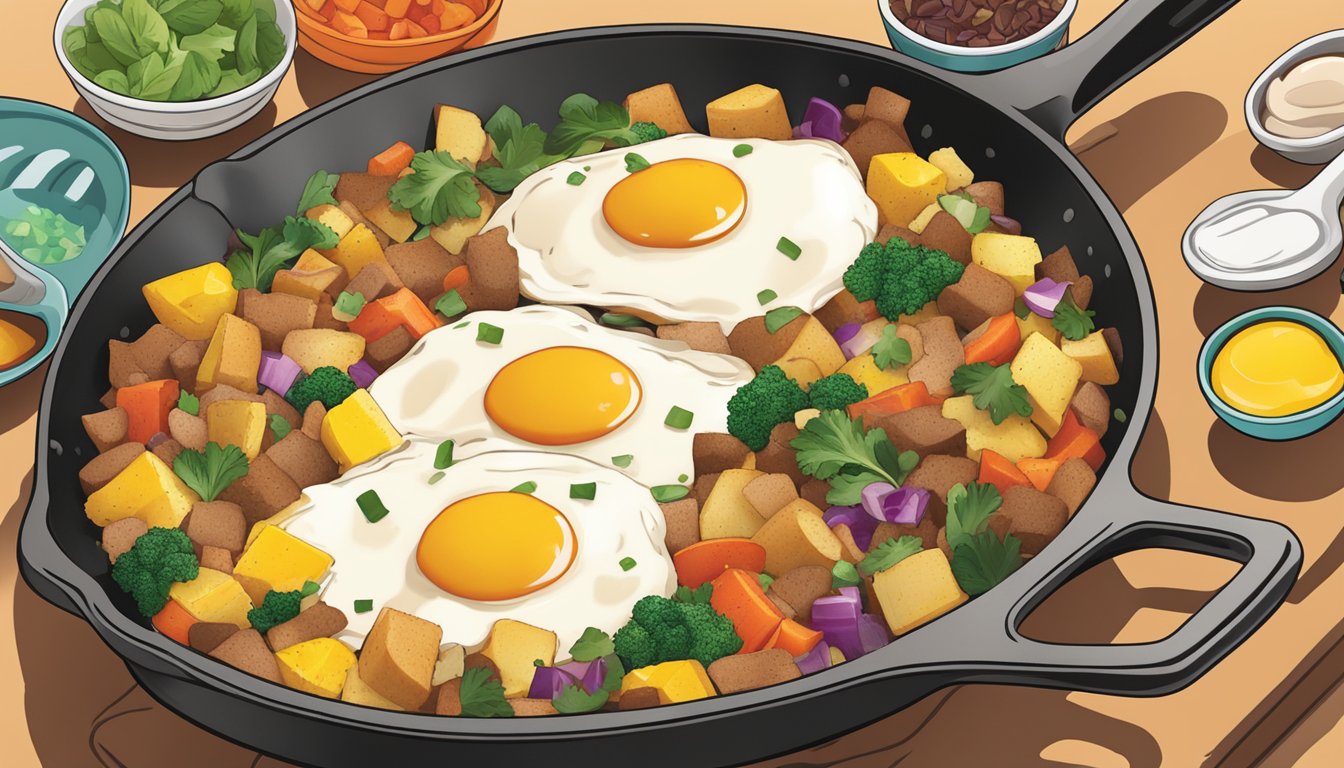 A sizzling skillet of breakfast hash with a colorful array of leftover ingredients being seasoned and mixed together